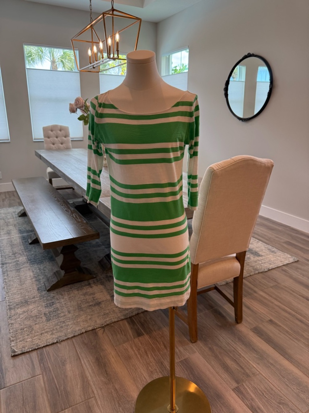 Lilly Pulitzer Green and White Striped Cotton 3/4 Sleeve Dress